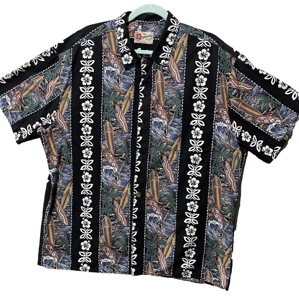 Vintage Hilo Hattie Hawaiian Shirt Mens XL Black Striped Tropical Colorful